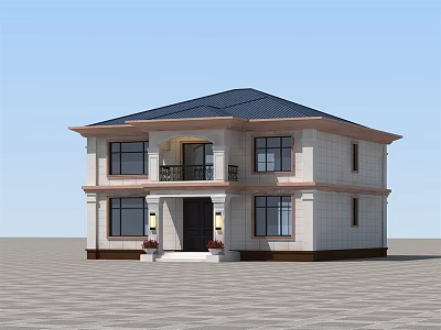 Two Story Detached Villa With Black Roof Light Stone Exterior And Front Balcony 3d model