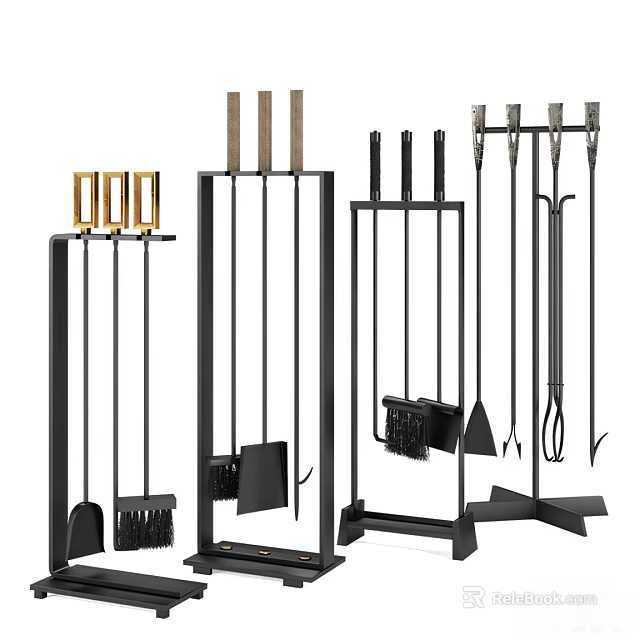 Stylish Fireplace Tools Sets With Stands 3d model 