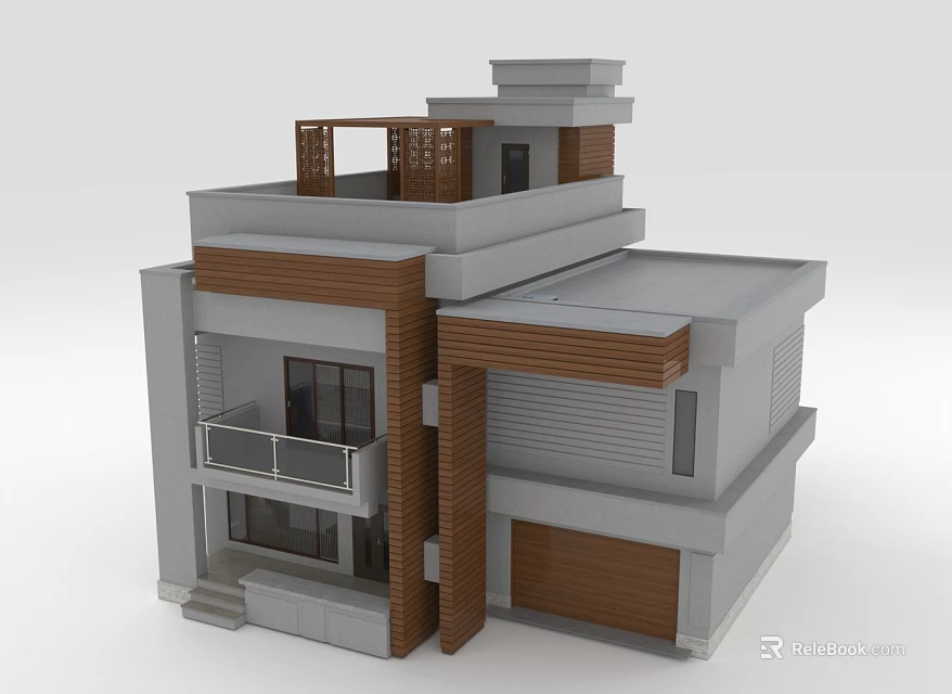 Modern Multi Level Detached Villa Exterior With Gray White Walls And Wooden Balcony 3d model 