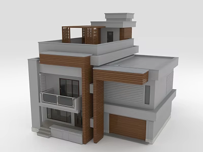 Modern Multi Level Detached Villa Exterior With Gray White Walls And Wooden Balcony 3d model