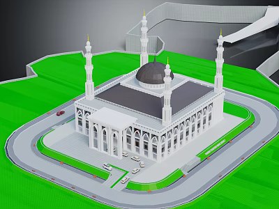 Islamic Style Hotel Building White Exterior With Dome Minarets Green Lawn And Circular Driveway 3d model