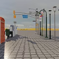 Urban Road Facilities With Street Lamps Traffic Lights Parking Meters Solar Devices And Trash Bins
