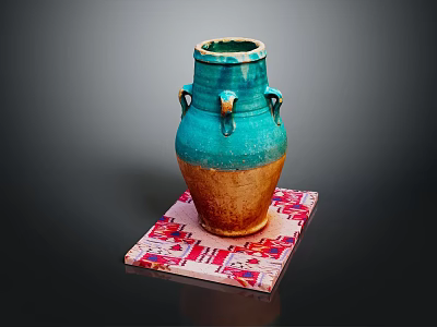 Turquoise Ceramic Vase With Decorative Handles Placed On Patterned Mat Base 3d model