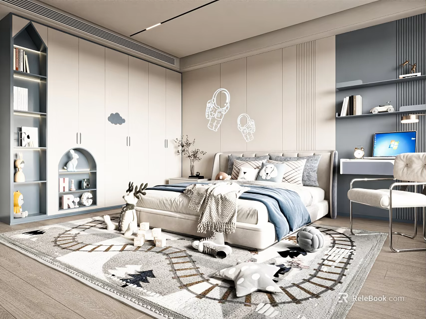 Bright Children's Bedroom With Cloud Wall Art White Cabinets Star Rug And Desk Chair 3d model 