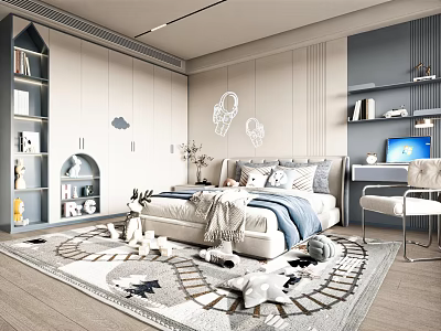 Bright Children's Bedroom With Cloud Wall Art White Cabinets Star Rug And Desk Chair 3d model