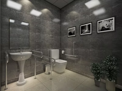 Public Restroom Interior With Gray Walls Mirror Sink Toilet Handrails Paintings And Green Plants 3d model