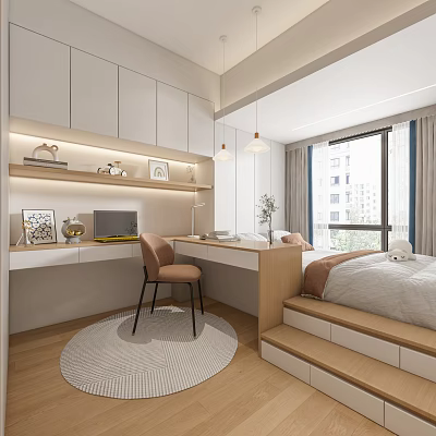 Tatami Bedroom Interior With Wooden Desk Chair White Cabinets Table Lamp Window And Rug 3d model