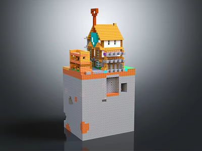 Minecraft Style Multi Level House With Yellow Roof Gray Base And Orange Accents 3d model