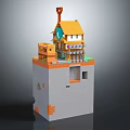 Minecraft Style Multi Level House With Yellow Roof Gray Base And Orange Accents