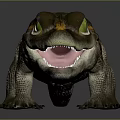 3D Crocodile Model with Open Mouth Green Eyes Brown White Stripes on Gray Background Reflection