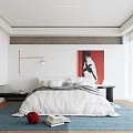 Modern Bedroom Interior With White Bedding Red Artwork Blue Rug And White Curtains