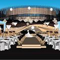 Elegant Banquet Hall With Large Crystal Chandelier Central Runway White Chairs And Golden Floral Decorations