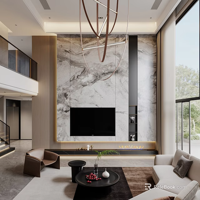 Duplex Living Room Interior With Marble Wall TV Chandelier Sofa And Floor To Ceiling Windows 3d model 