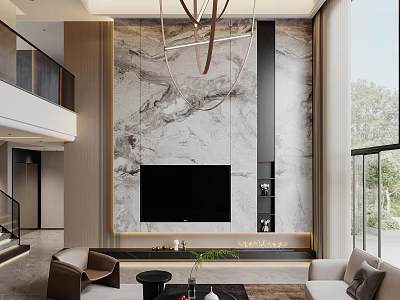 Duplex Living Room Interior With Marble Wall TV Chandelier Sofa And Floor To Ceiling Windows 3d model