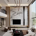 Duplex Living Room Interior With Marble Wall TV Chandelier Sofa And Floor To Ceiling Windows