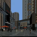 Vibrant Commercial Street With Modern High Rise Buildings People Walking Outdoor Seating And Red Umbrellas