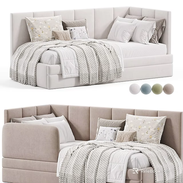 Modern Kids Bed With Soft Fabric Multiple Pillows Striped Blanket And Color Options 3d model 