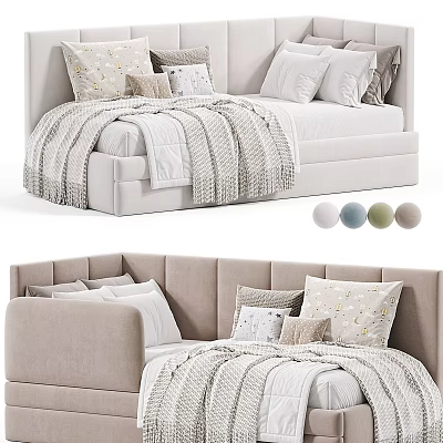 Modern Kids Bed With Soft Fabric Multiple Pillows Striped Blanket And Color Options 3d model