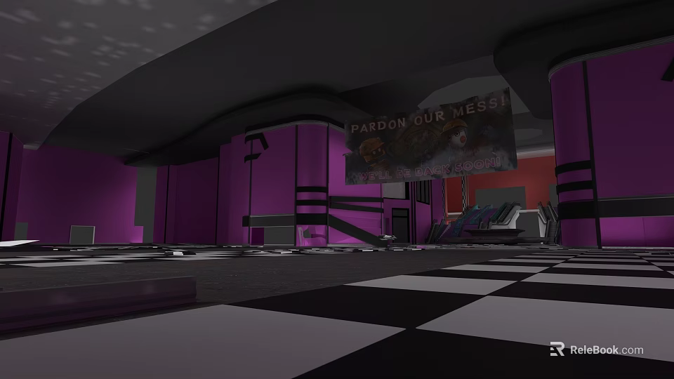 Tech Exhibition Hall in Purple and Black with Large Screen Checkerboard Floor and Seating 3d model 