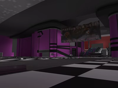 Tech Exhibition Hall in Purple and Black with Large Screen Checkerboard Floor and Seating 3d model