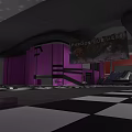 Tech Exhibition Hall in Purple and Black with Large Screen Checkerboard Floor and Seating
