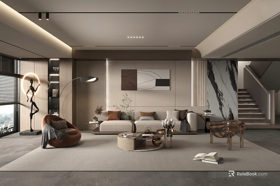 Modern Living Room Interior With Sofa Coffee Table Abstract Artwork Floor Lamp And Marble Staircase 3d model 