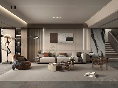 Modern Living Room Interior With Sofa Coffee Table Abstract Artwork Floor Lamp And Marble Staircase 3d model