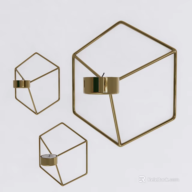 Three Geometric Golden Metal Frame Wall Decor With Candle Holders 3d model 
