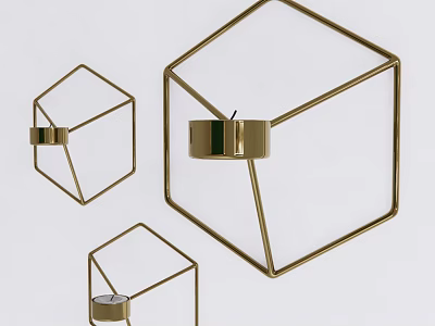 Three Geometric Golden Metal Frame Wall Decor With Candle Holders 3d model