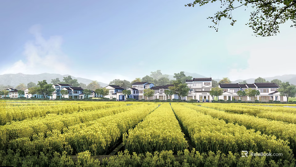 Scenic Rural Landscape With Yellow Rapeseed Field Neat Houses Blue Sky And Mountains 3d model 
