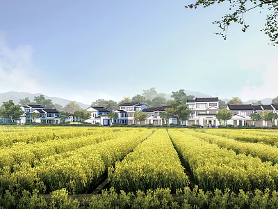 Scenic Rural Landscape With Yellow Rapeseed Field Neat Houses Blue Sky And Mountains 3d model