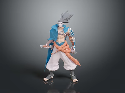 Mythical Humanoid Character With Gray Hair Blue Coat Orange Sash Armor And Weapon 3d model
