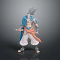 Mythical Humanoid Character With Gray Hair Blue Coat Orange Sash Armor And Weapon
