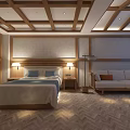 Cozy Hotel Guest Room With Wooden Ceiling Herringbone Floor And Beige Sofa Blue Bed Linens