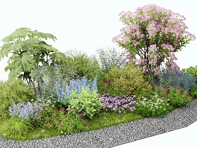 Vibrant Garden Flower Bed With Mixed Colorful Blooms Green Shrubs And Stone Border 3d model