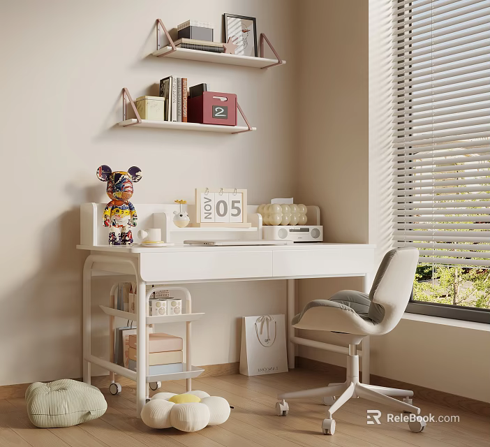 Cozy Home Desk with Wall Shelves Calendar Figurine Storage Boxes Comfortable Chair and Natural Light 3d model 