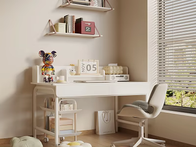 Cozy Home Desk with Wall Shelves Calendar Figurine Storage Boxes Comfortable Chair and Natural Light 3d model
