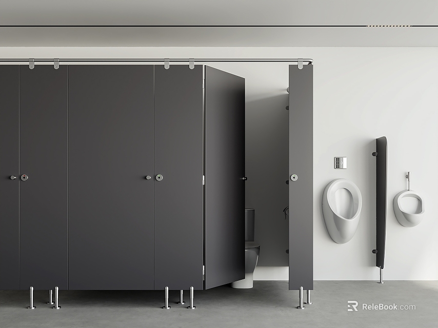 Modern Public Restroom Interior With Multiple Partition Stalls And Urinals 3d model 
