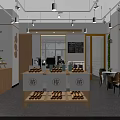 Modern Dessert Shop Interior With Bread Displays Coffee Equipment And Wooden Tables