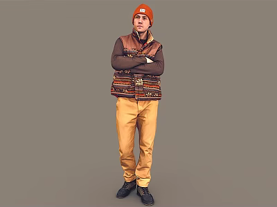 Man Wearing Orange Beanie Brown Sleeves Patterned Vest Yellow Pants Standing with Arms Crossed 3d model