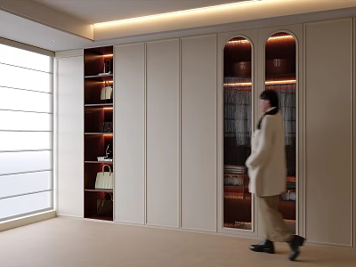 Elegant Full Wall Wardrobe With LED Lights Arched Glass Doors And Open Display Storage Areas 3d model