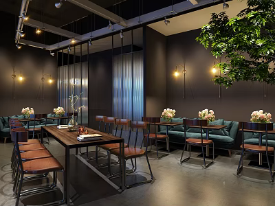 Modern Stylish Restaurant Interior With Long Wooden Tables Leather Chairs Green Plants And Flower Decorations 3d model