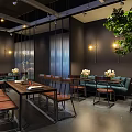 Modern Stylish Restaurant Interior With Long Wooden Tables Leather Chairs Green Plants And Flower Decorations