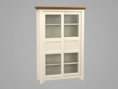 White Bookcase With Wooden Top Glass Doors And Louvered Panel Design 3d model