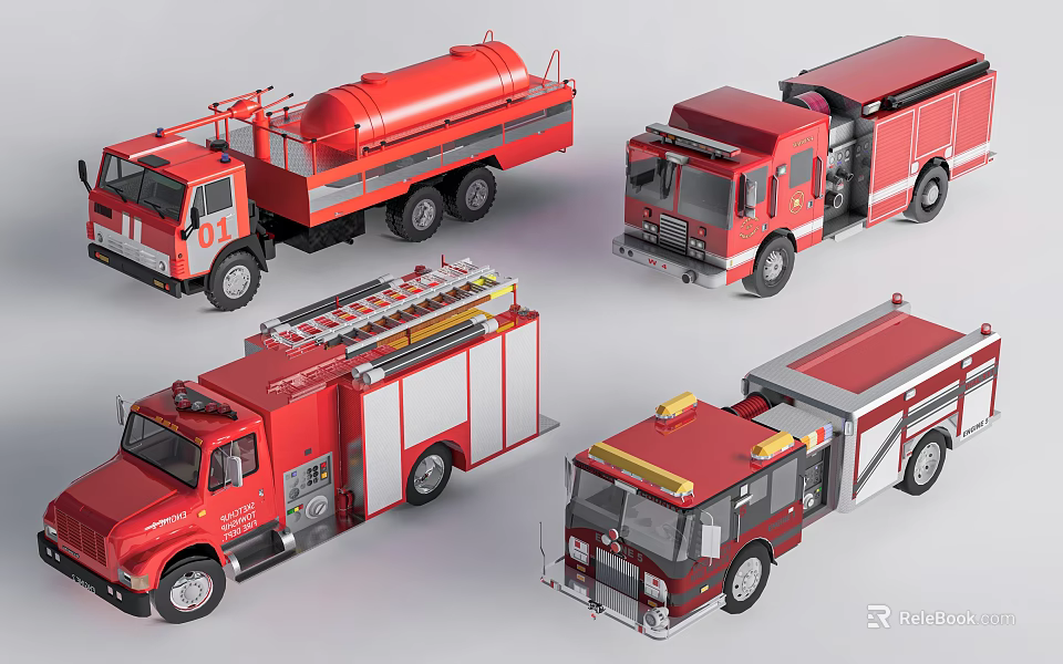 Red Emergency Vehicles Various Types Including Fire Trucks And Tanker Truck 3d model 