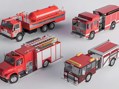 Red Emergency Vehicles Various Types Including Fire Trucks And Tanker Truck 3d model