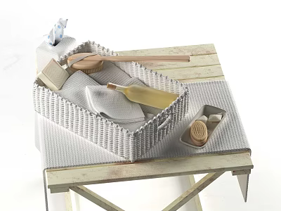 Stylish Bathroom Accessories Set With Woven Basket Soft Towels And Wooden Brush 3d model