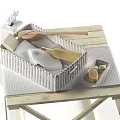 Stylish Bathroom Accessories Set With Woven Basket Soft Towels And Wooden Brush