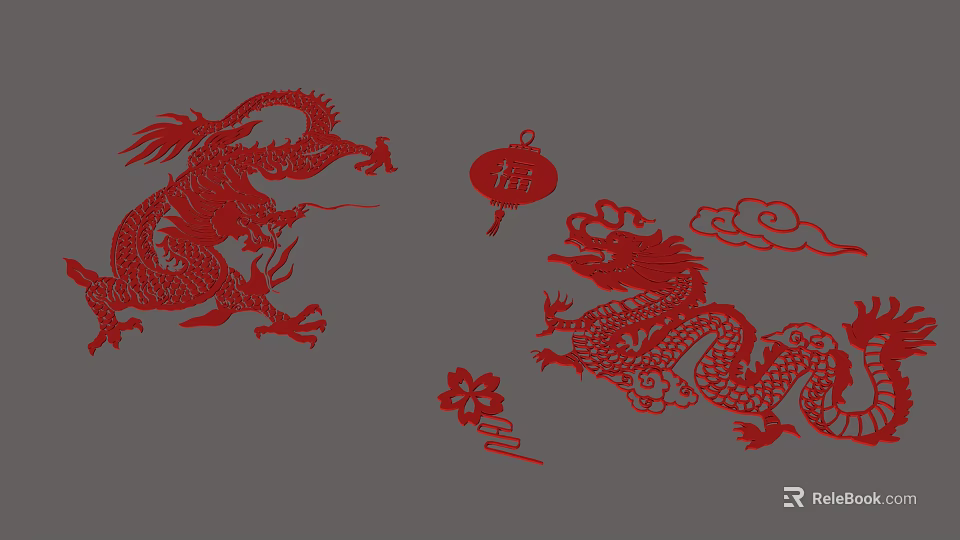 Red Chinese Dragons With Lantern Cloud Pattern And Plum Blossom Decorations 3d model 