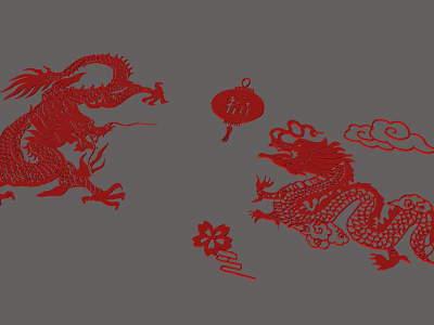 Red Chinese Dragons With Lantern Cloud Pattern And Plum Blossom Decorations 3d model